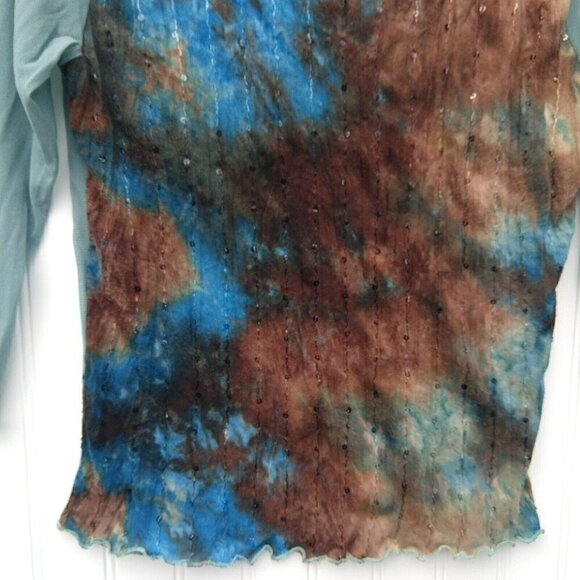 Vintage Y2K Tie Dye Mesh Top Size S Stretch Semi Sheer Blue Brown Whimsygoth - Picture 6 of 7